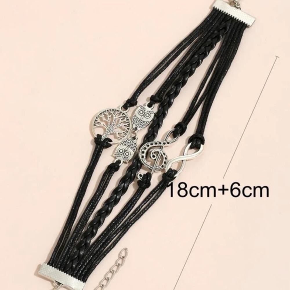 Layered Black Faux Leather Bracelet Treble Clef Owl Infinity Tree - Picture 4 of 6